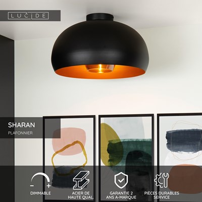 Lucide SHARAN - Plafonnier - Ø 38 cm - 1xE27 - Noir